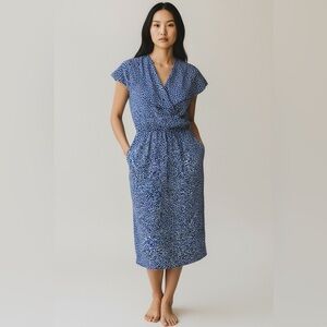 Vintage Blue and White Print Dress Double-Breasted, Ruffle Detail Size Small